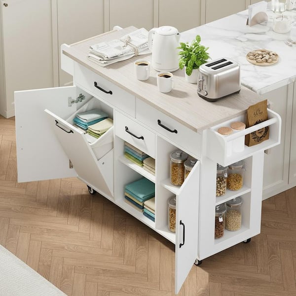 Runesay Farmhouse White Wood 51.06 in. Drop Leaf Kitchen Island Kitchen Carts with Trash Can Storage Cabinet and Spice Rack
