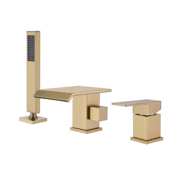 AIMADI Waterfall Single Handle Deck Mount Roman Tub Faucet with Hand Shower Modern 3 Hole Brass Tub Fillers in Brushed Gold