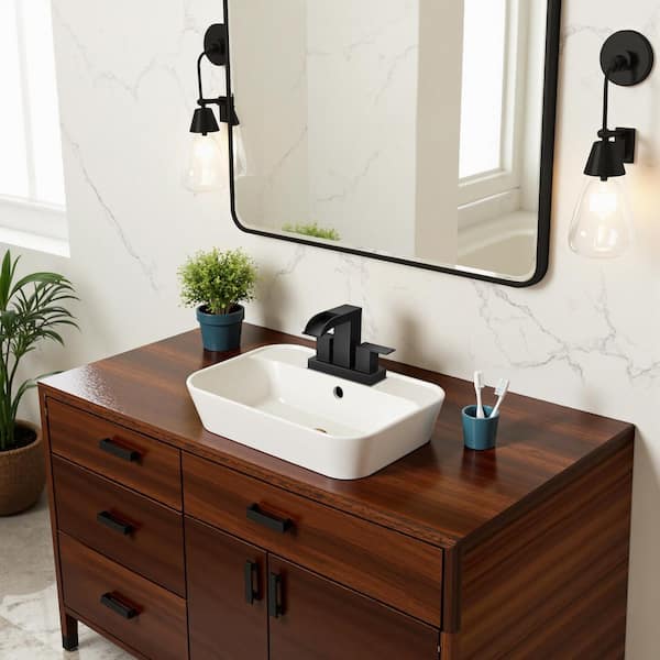 Waterfall 4 in. Centerset Double Handle Low Arc Bathroom Faucet with Drain in Matte Black