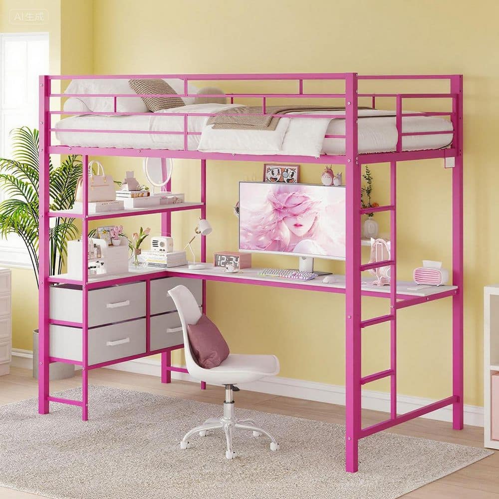 Pink Full Size Metal Loft Bed with Guardrail, 2-Charging Stations, L-Shaped Desk, Storage Shelve, 4-Drawers, LED Lights price history on PriceWatchPro