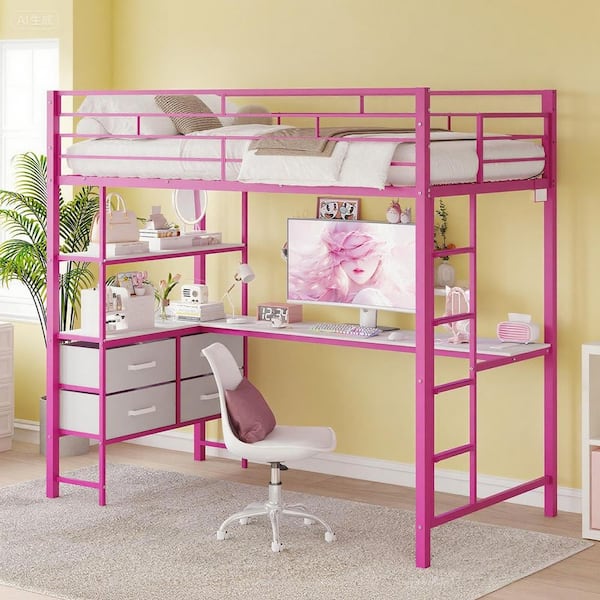 Pink Full Size Metal Loft Bed with Guardrail, 2-Charging Stations, L-Shaped Desk, Storage Shelve, 4-Drawers, LED Lights
