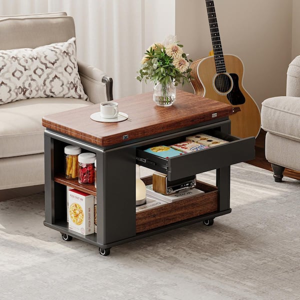 Noble House Torvane 27.6 in. Walnut Finish and Black Rectangle MDF