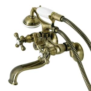Kingston 2-Handle Wall-Mount Clawfoot Tub Faucets with Handshower in Antique Brass