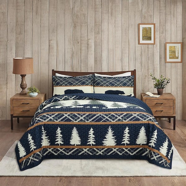 ME504 Cabin Lodge Rustic Country Navy Blue Bear and Forest King Size Polyester Quilt Bedspread Set