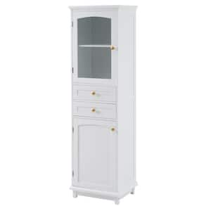 17.76 in. W x 14.21 in. D x 62.99 in. H White Particle Board Freestanding Linen Cabinet with Glass Doors in White Finish