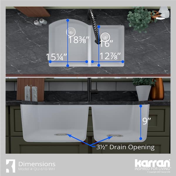 Karran 32 Undermount Quartz Composite Kitchen Sink, 60/40 Double Bowl, White, QU-610-WH-PK1