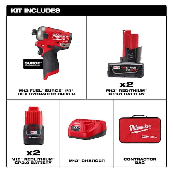 M12 FUEL SURGE 12V Lithium-Ion Brushless Cordless 1/4 in. Hex Impact Driver Compact Kit w (4) Batteries