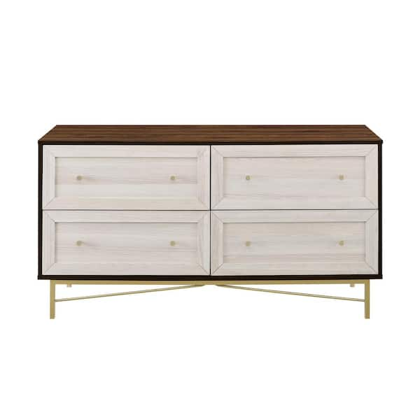 Welwick Designs 4 Drawer Dark Walnut And White Poplar Wood Dresser With Gold Hardware 30 In H X 56 In W X 19 In D Hd8906 The Home Depot