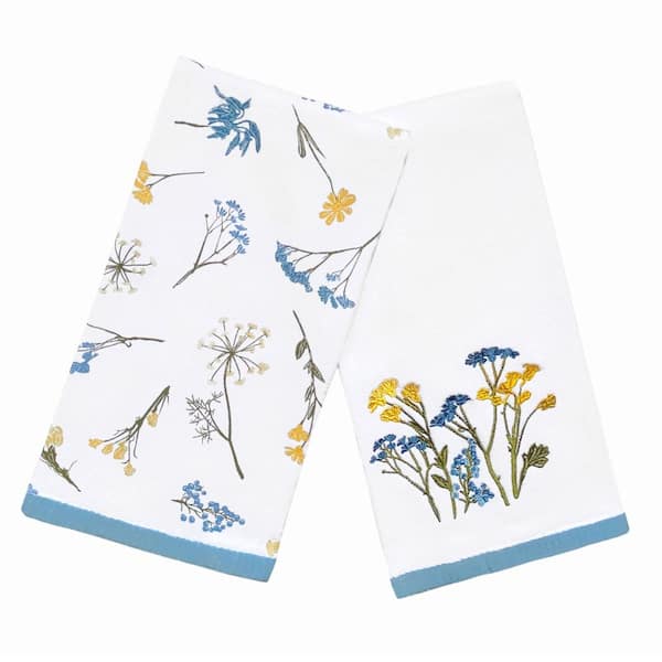 Wildflowers Embroidered Kitchen Towels, Set of 2, Blue - 18"W x 28"L