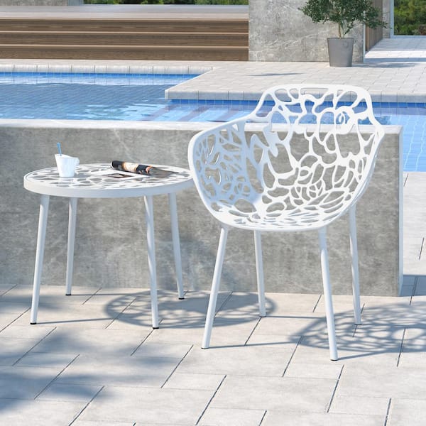 Leisuremod Devon Outdoor Dining Chair in Aluminum Modern Stackable Design Patio Arm Chair in White