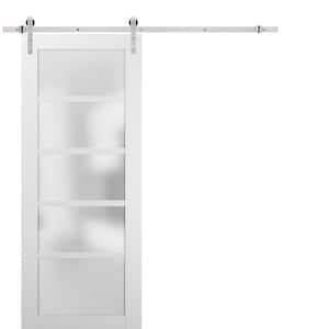 4002 18 in. x 80 in. Frosted Glass White Finished Pine Wood MDF Bypass Sliding Barn Door with Hardware Kit