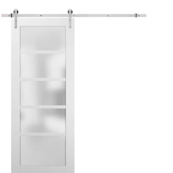 Sartodoors 28 in. x 84 in. 5 Lites Frosted Glass White Finished Pine Wood MDF Sliding Barn Door with Hardware Kit