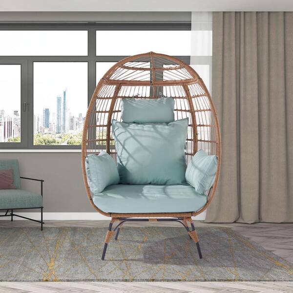 AUTMOON Patio Wicker Indoor/Outdoor Egg Lounge Chair with Tiffany Blue Cushions