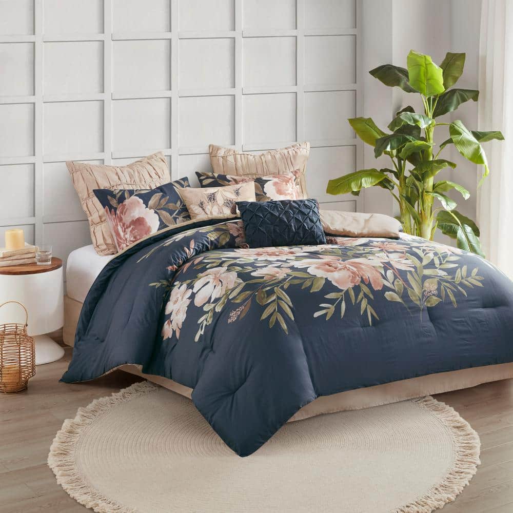 Blue Floral 4 Pcs Comforter Set Includes 1 Comforter, 2 Pillowcases and 1  Decorative Pillow
