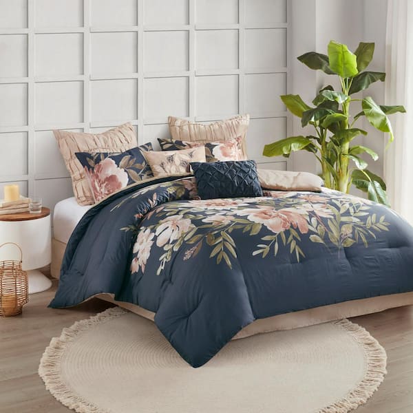 Navy Blue Gray Embroidered Floral 14 pc Comforter Set Full Queen