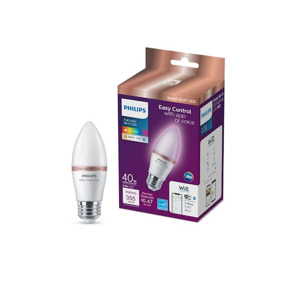Philips 40-Watt Equivalent B12 Smart Wi-Fi LED Color Changing E26 Medium Base Light Bulb Powered by WiZ with Bluetooth (2-Pack)