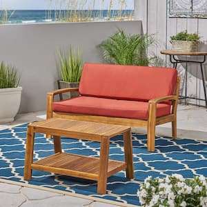 Grenada Teak Brown 2-Piece Wood Patio Conversation Set with Red Cushions