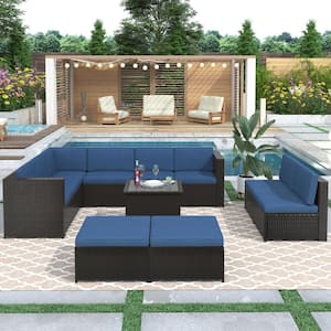 Outdoor Black 9-Piece Wicker Outdoor Patio Conversation Seating Set with Blue Cushions