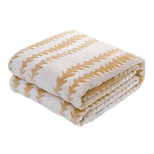 Light Brown Stripe Back Printing Shaved Flannel Plush Throw Blanket 80 in. x 90 in.(2 Pack Set of 2)