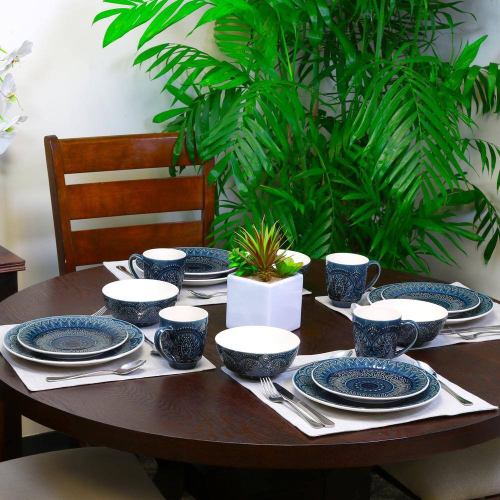 Navy Blue Embossed Ceramic 16-Piece Dinnerware Set