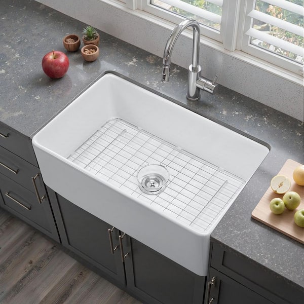 33.5 x 20 in. Farmhouse Sink, Drop-in  Fireclay White Sink Workstation, Apron Front Single Bowl Basin, Dishwasher Sinks