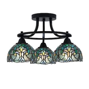 Madison 3-Light Semi-Flush Shown In Matte Black Finish With 17 in. Turquoise Cypress Art Glass