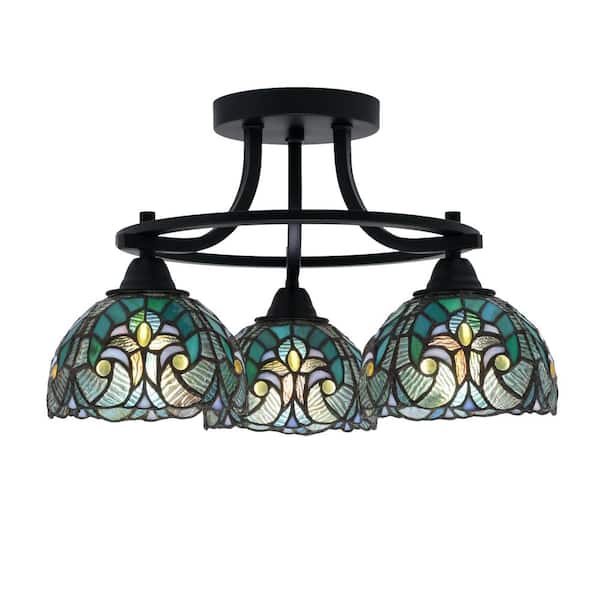 Unbranded Madison 3-Light Semi-Flush Shown In Matte Black Finish With 17 in. Turquoise Cypress Art Glass