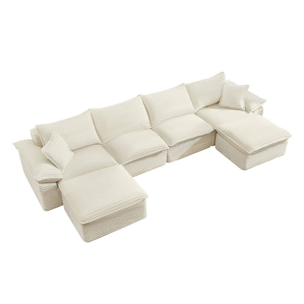 144 in. W U-Shape Sofa Corduroy Sectional Sofa with Ottoman, No Assembly Sofa Set in Beige 6 Seat Sofa