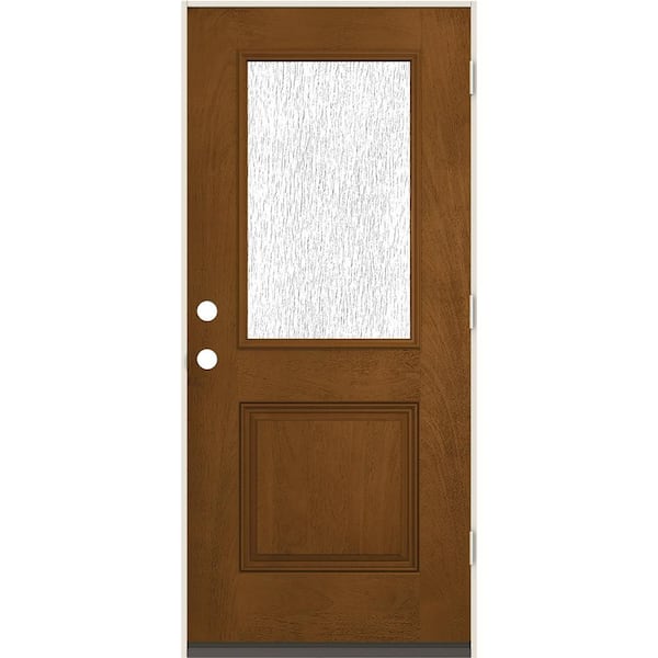 36 in. x 80 in. Left-Hand Inswing 1/2 Lite Rain Glass Mocha Fiberglass Prehung Front Door