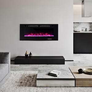 42 in. Wall-Mounted Ultra-Thin Electric Fireplace TV Stand and Recessed Fireplace Heater in Black