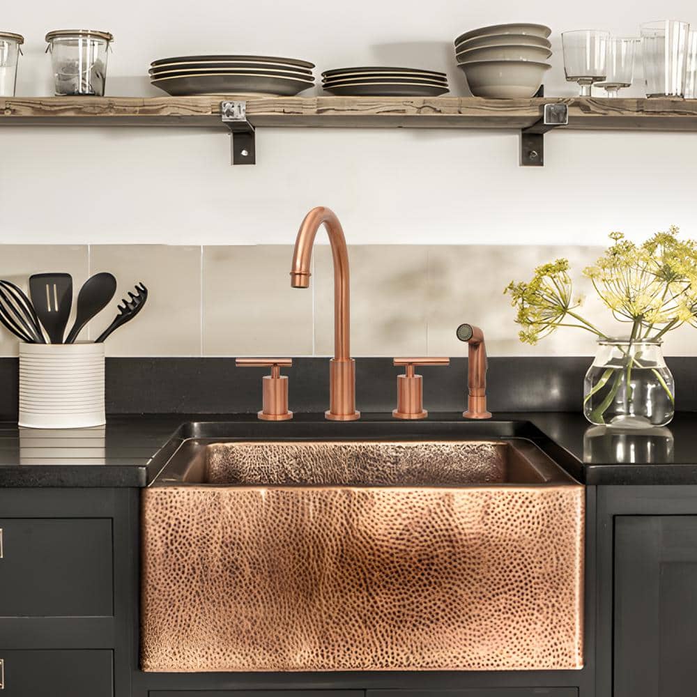Copper Brushed Double Handle High-Arc Kitchen Faucet with Side Spray