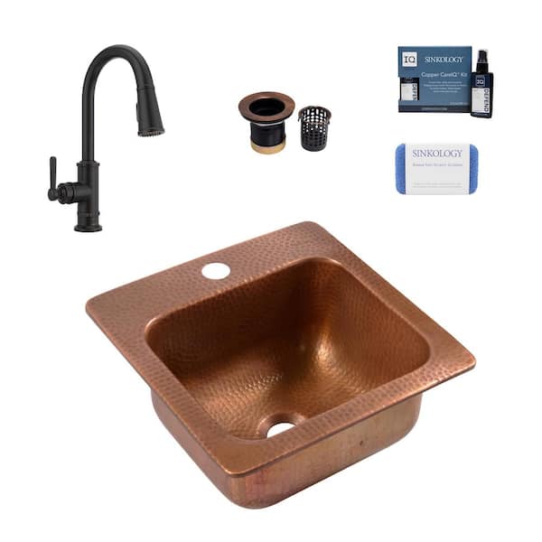 Angelico 16 Gauge 15 in. Copper Drop-In Bar Sink in Antique Copper with Port Haven Bronze Faucet Kit