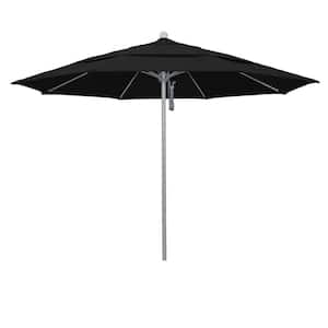 11 ft. Gray Woodgrain Aluminum Commercial Market Patio Umbrella Fiberglass Ribs and Pulley Lift in Black Sunbrella