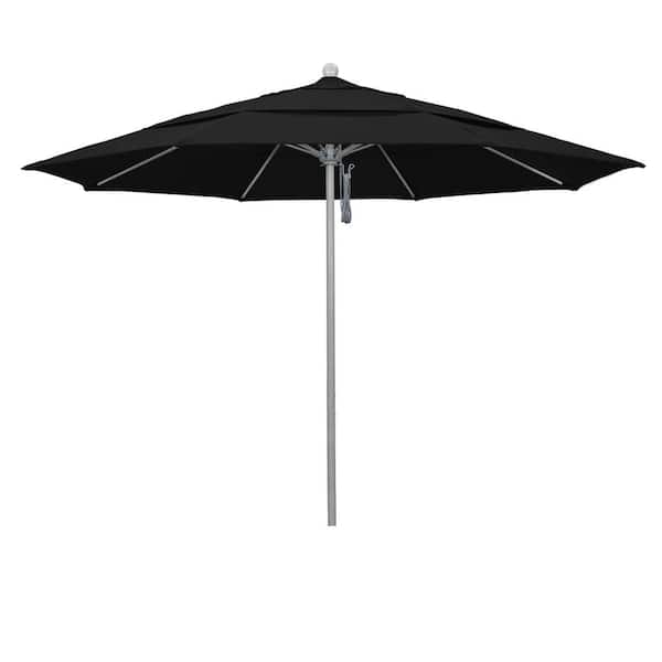 California Umbrella 11 ft. Gray Woodgrain Aluminum Commercial Market Patio Umbrella Fiberglass Ribs and Pulley Lift in Black Sunbrella