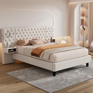 Crescenta Queen Size Upholstered Velvet Wood Frame Platform Bed with Tufted Headboard, Integrated Nightstands, Beige