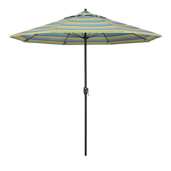 California Umbrella 9 ft. Bronze Aluminum Market Patio Umbrella with Fiberglass Ribs and Auto Tilt in Astoria Lagoon Sunbrella