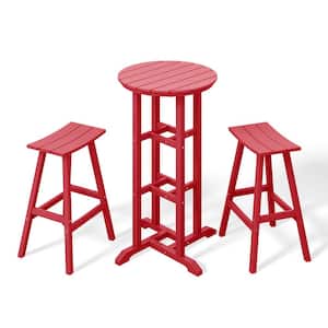 Laguna 3-Piece HDPE Weather Resistant Outdoor Patio Bar Height Bistro Set with Saddle Seat Barstools, Red
