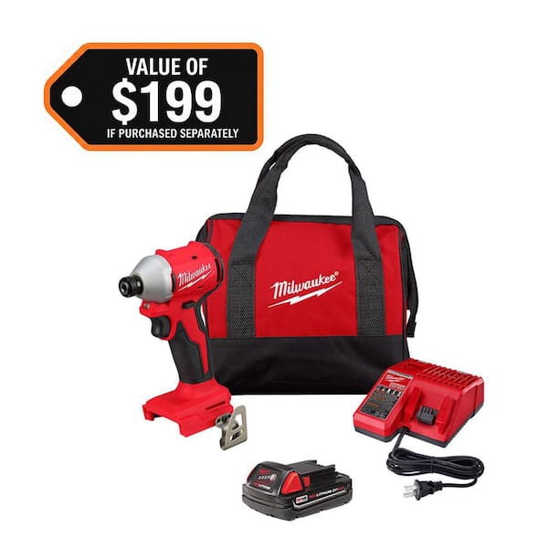 M18 18-Volt Lithium-Ion Compact Brushless Cordless 1/4 in. Impact Driver Kit with One 2.0 Ah Battery, Charger & Tool Bag