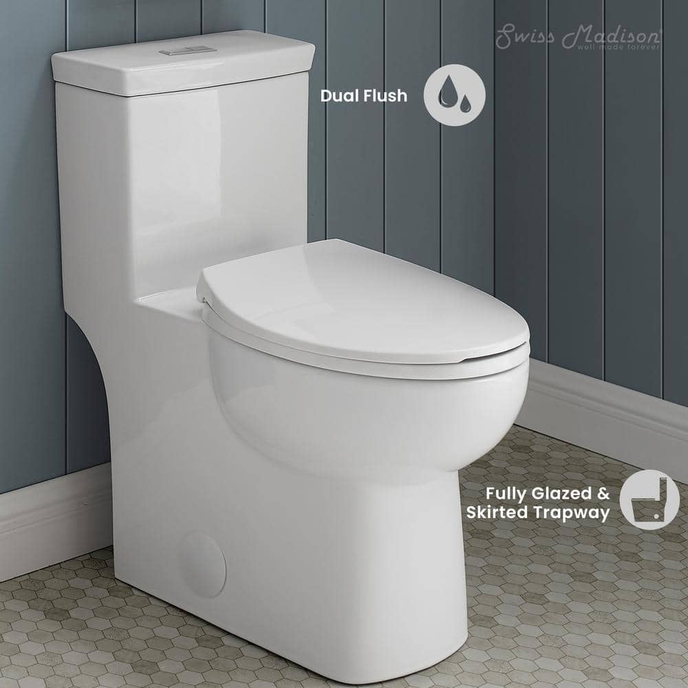 Glossy White Elongated Dual Flush One-Piece Toilet