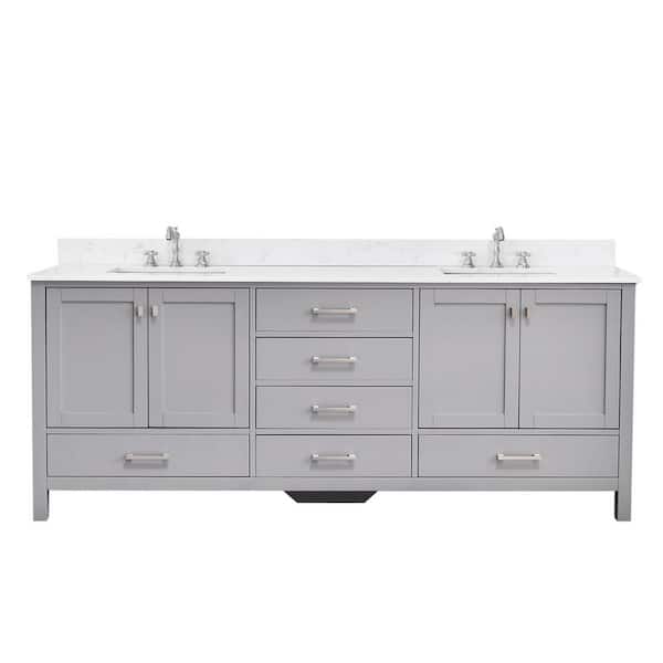 Bath Mist 84 in. W. Double Sink Freestanding Bath Vanity in Gray with White Engineered Top