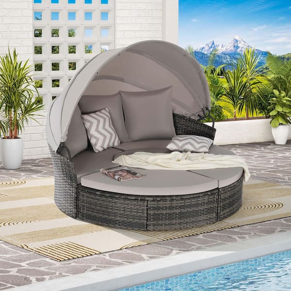Zeus & Ruta 5-Piece Wicker Outdoor Round Day Bed with Retractable Canopy and Light Gray Cushions Storable Table for Backyard