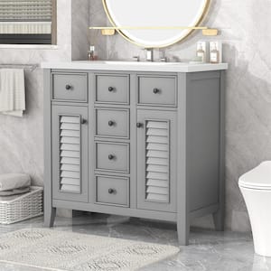 36" Bathroom Vanity with Ceramic Basin, 2 Cabinets and Five Drawers, Solid Wood Frame, Grey