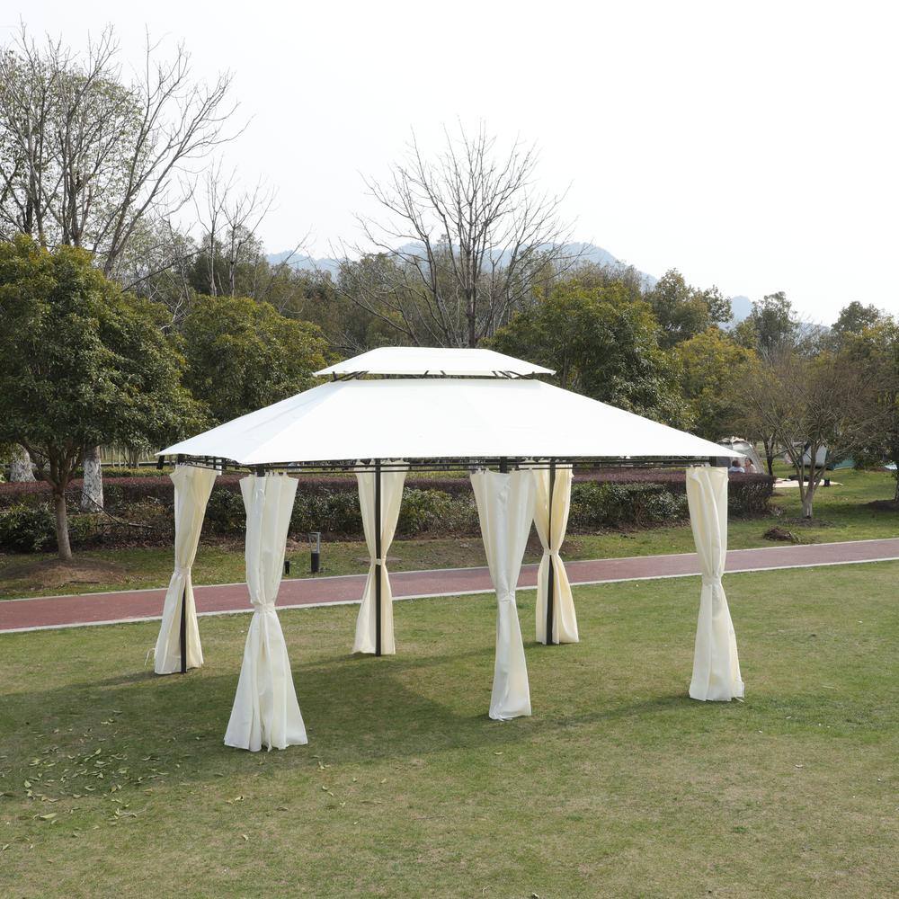 13x10 Beige Metal Patio Gazebo with Double Roof and Curtains