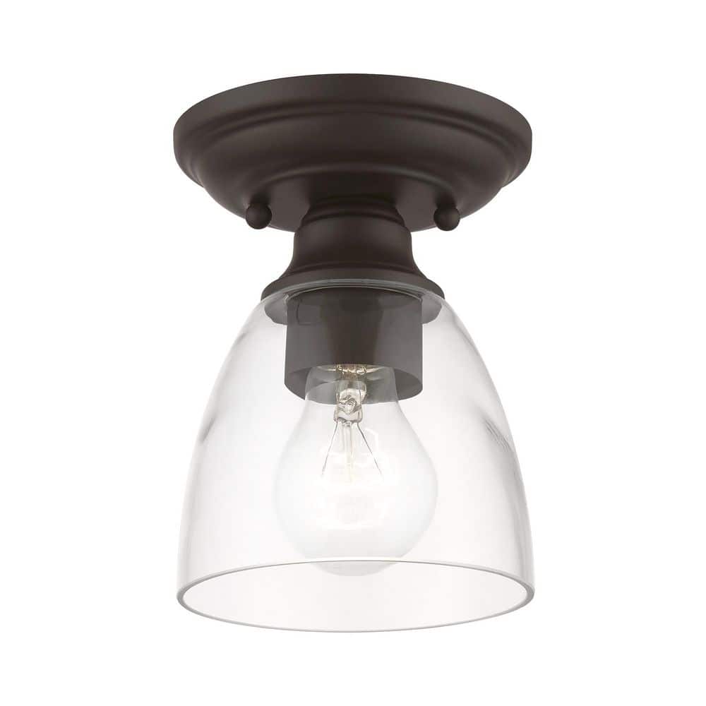 Bronze Contemporary 1-Light Flush Mount with Clear Hand-Blown Glass