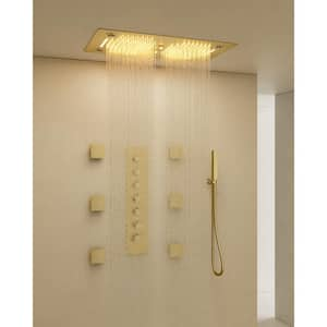 Thermostatic 63-Spray 28 x 16 in. Rectangle LED Mood Lighting Bluetooth Music Shower System with Valve in Brushed Gold