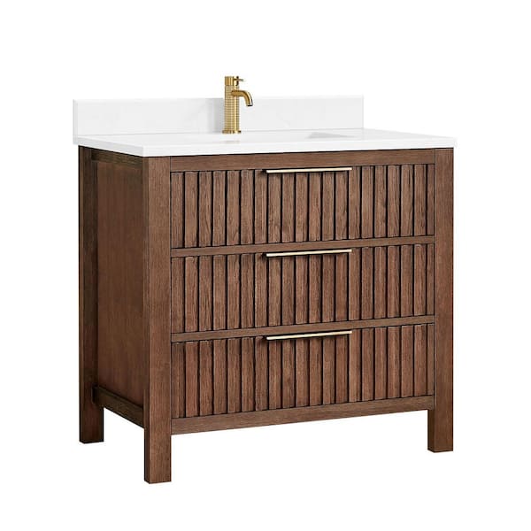 Shenzhen 36 in.W x 22 in.D x 33.9 in.D Single Bath Vanity in Aged Dark Brown Oak with White Engineered Stone Top