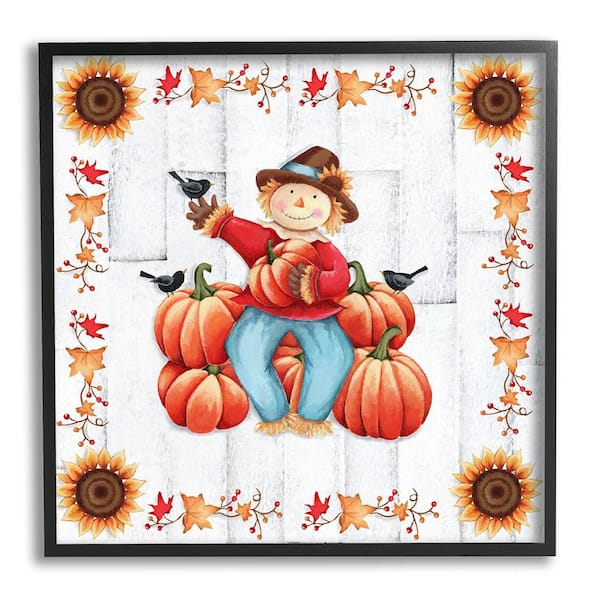 Stupell Industries Autumn Scarecrow and Pumpkins by Emma Leach 1-Piece Framed Graphic Print Nature Poster Art Print 24 in. x 24 in.