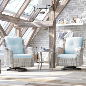 3-Piece Gray Wicker Patio Conversation Set Swivel Rocking Chair with Baby Blue Cushions and Table