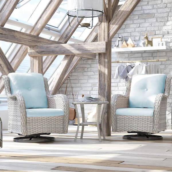 JOYSIDE 3-Piece Gray Wicker Patio Conversation Set Swivel Rocking Chair with Baby Blue Cushions and Table