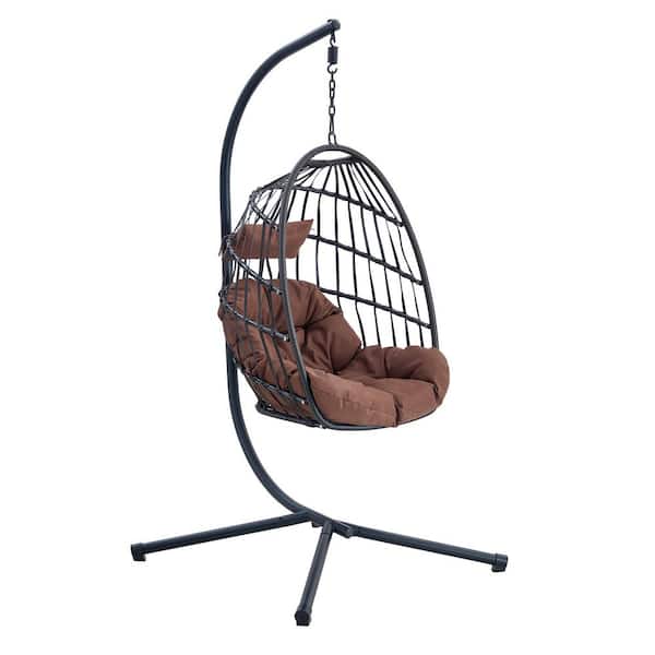 Black Metal and Wicker Patio Swing with Brown Soft Removable Cushion